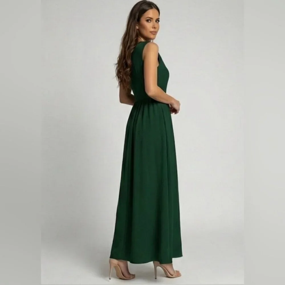 Gathered-Waist A-Line Maxi Dress With Pockets Green_6